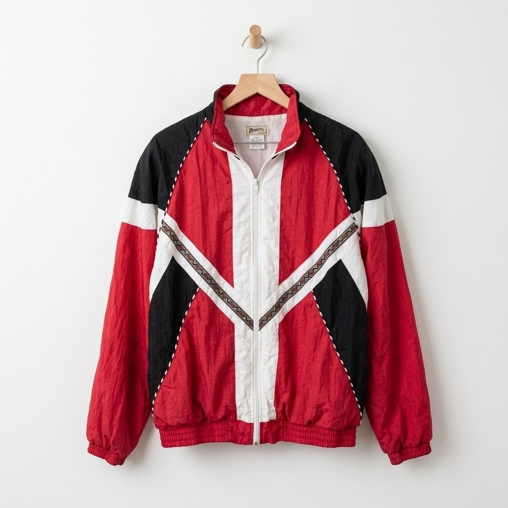 Vtg 80s 90s Sunterra Colorblock Nylon Track Jacket Red Black Chevron Large Retro